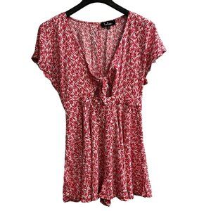 Lulus Womens Floral Print Red Tie Front V Neck Mini Dress Short Sleeve Open Back